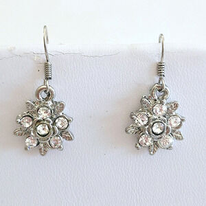 Rhinestone Flower Earrings Sparkly Dangle Silvertone Flower Dainty Feminine NEW